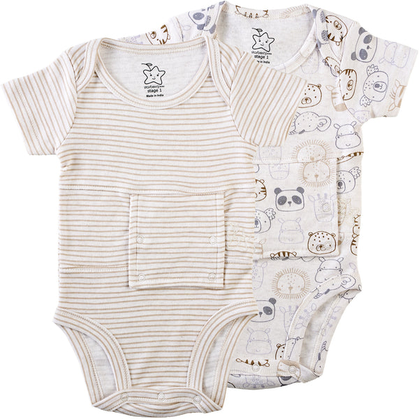 Two Pack Animal Print Feeding Tube Onesie (beige, grey, oatmeal)